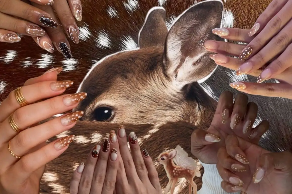 A visual collage showing four different hands with deer-patterned nails in shades of brown, caramel, and nude with white dots. In the center of the image is a close-up of a real deer against a background of white-spotted fur, along with a small figurine of a deer with fairy wings at the bottom.