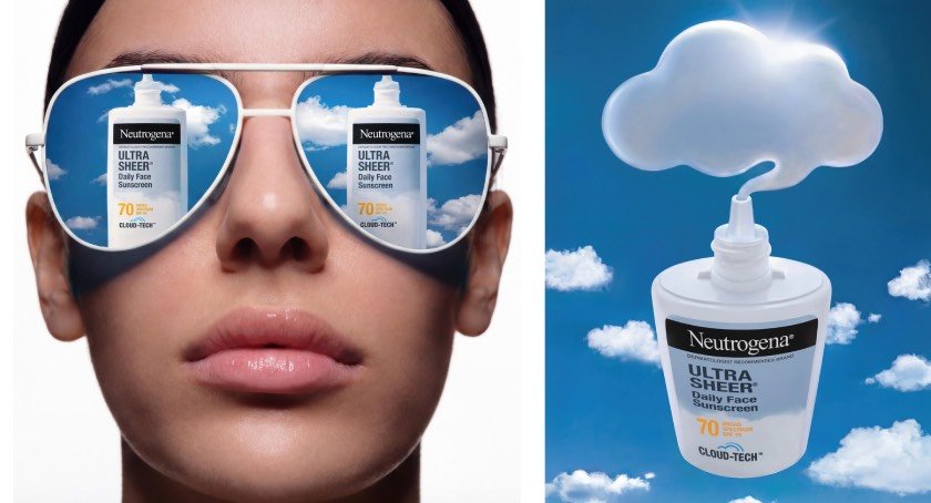 A promotional image showing a person in sunglasses with Neutrogena Ultra Sheer sunscreen reflected in the lenses, next to a bottle of the sunscreen dispensing a cloud-shaped dollop against a blue sky.