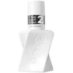 Essie Gel Couture top coat nail polish bottle in white with a twisted hourglass shape. Label reads 'top coat step 2 gel couture' in silver and white. The embossed essie logo appears on the front.